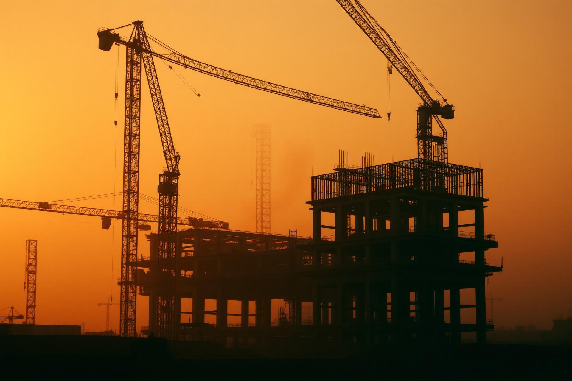 Construction site at golden hour with tower cranes silhouetted against amber sky